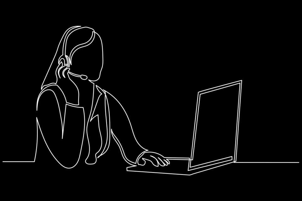 Continuous white line illstration on black background, creating the outline of a female shape sitting at a laptop with a headset and mic on her head