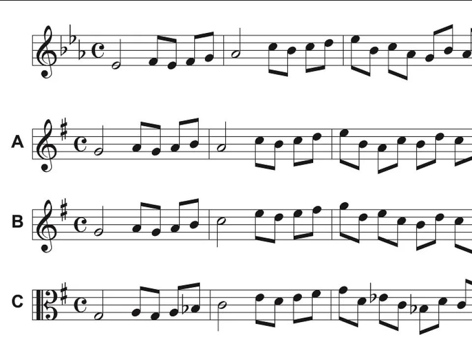 Four lines of music by Beethoven with errors in three of them