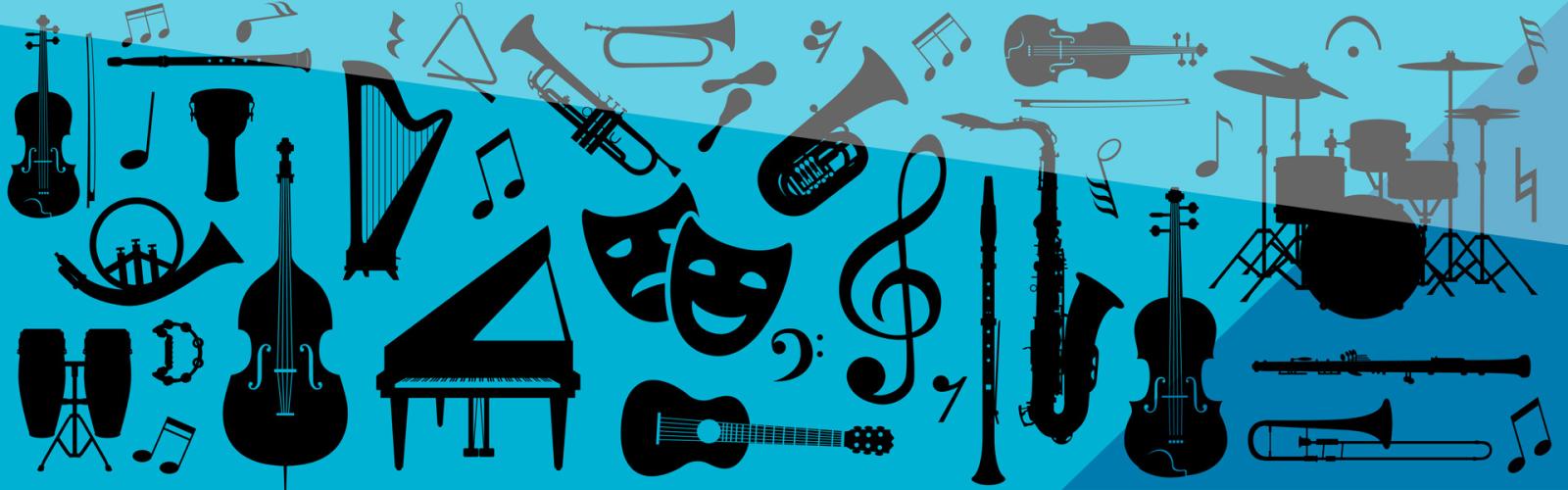A illustration of a collection of different instrument outlines in black against a blue background